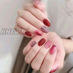 Hnewly 24 Pcs Glossy Short Flat Press On Nails Pink Glitter French Style Fake Gradient Artifical