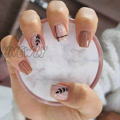 Hnewly 24 Pcs Glossy Short Flat Press On Nails Pink Glitter French Style Fake Gradient Artifical