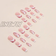 Hnewly 24 Pcs Short French Butterfly Heart Glitter Nails With 1 Jelly Gel And Nail File