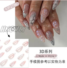 Hnewly 24Pcs 3D Water Ripple False Y2K Nails Press On Long Almond Silver Stripes Nail Art Fake