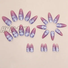 Hnewly 24Pcs Aurora Cloud Pattern False Nails Gradient Pink Purple Fake Nail Tips Girl Wearable
