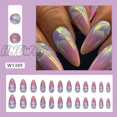 Hnewly 24Pcs Aurora Cloud Pattern False Nails Gradient Pink Purple Fake Nail Tips Girl Wearable