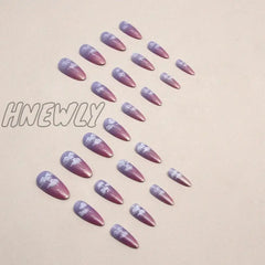 Hnewly 24Pcs Aurora Cloud Pattern False Nails Gradient Pink Purple Fake Nail Tips Girl Wearable