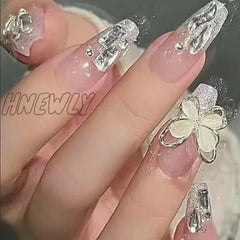 Hnewly 24Pcs/Box Fake Nails Press On Reusable With Designs Set French Artificial Aurora Diamond