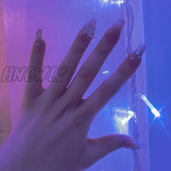 Hnewly 24Pcs/Box Fake Nails Press On Reusable With Designs Set French Artificial Aurora Diamond