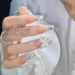 Hnewly 24Pcs/Box Fake Nails Press On Reusable With Designs Set French Artificial Aurora Diamond