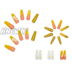 Hnewly 24Pcs/Box Yellow Daisy Long Ballerina Wearable Fake Nails Press On Full Cover Detachable