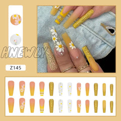 Hnewly 24Pcs/Box Yellow Daisy Long Ballerina Wearable Fake Nails Press On Full Cover Detachable
