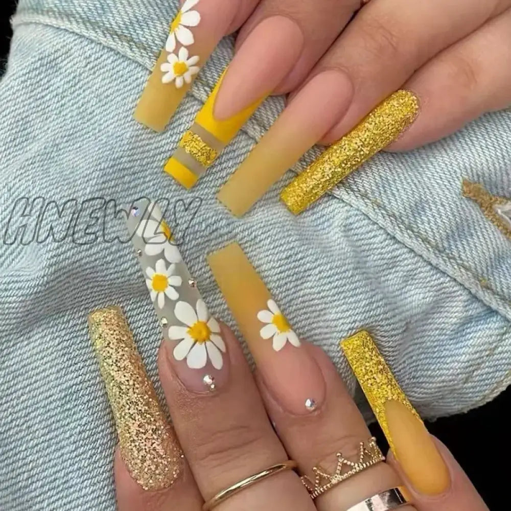 Hnewly 24Pcs/Box Yellow Daisy Long Ballerina Wearable Fake Nails Press On Full Cover Detachable