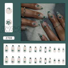 Hnewly 24Pcs Cool Y2K False Nails Green Star Printed Design Almond Fake Nail Patch For Girl