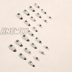 Hnewly 24Pcs Cool Y2K False Nails Green Star Printed Design Almond Fake Nail Patch For Girl