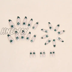 Hnewly 24Pcs Cool Y2K False Nails Green Star Printed Design Almond Fake Nail Patch For Girl