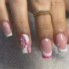 French False Nails Pink Butterfly Printed Design Square Head Press on Nail Girl Full Cover Wearable Artificial Nail Tips