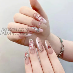 Hnewly 24Pcs French Pearl Decor Press On Nail Long Coffin Ballet Cute Rabbit False Nail Tips
