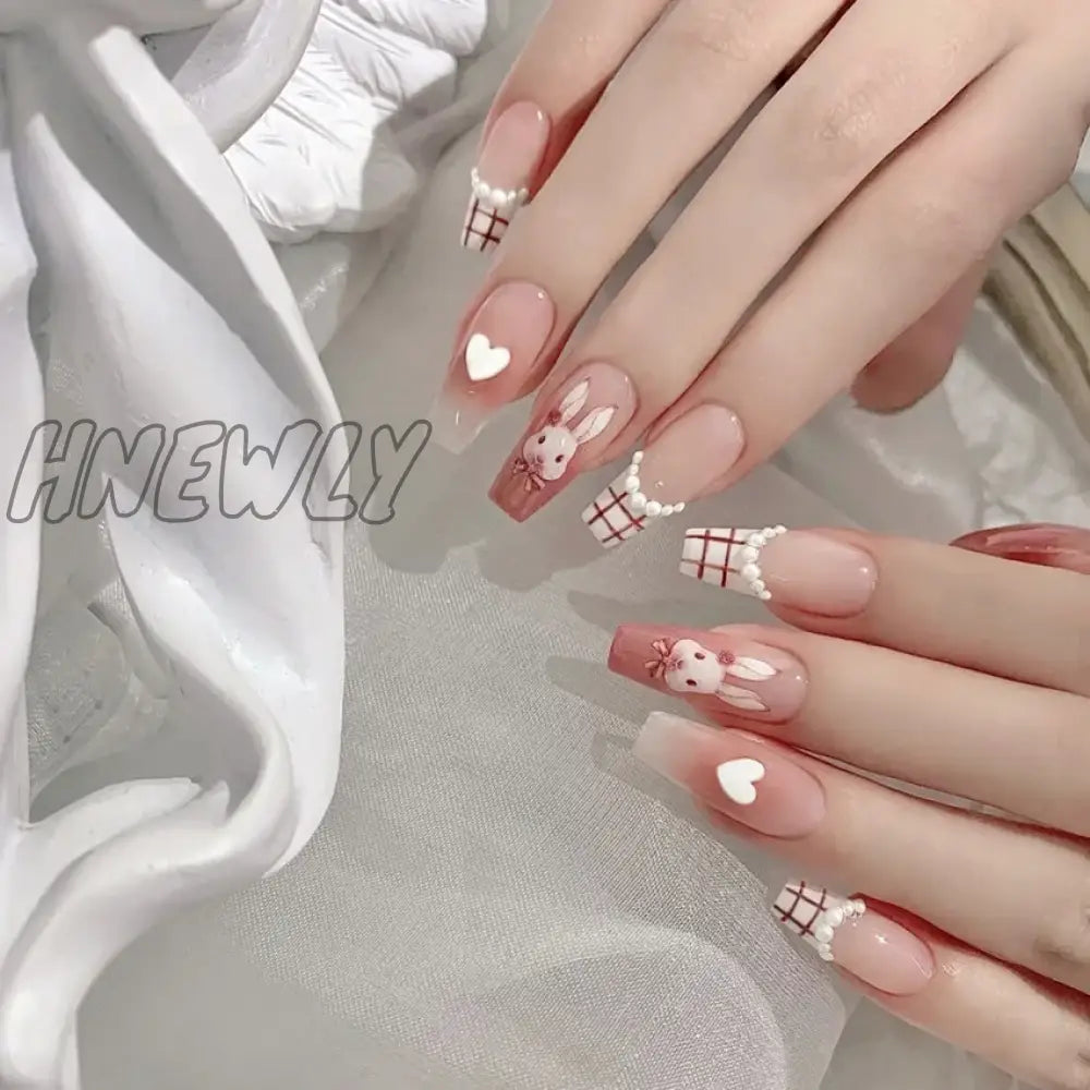 24Pcs French Pearl Decor Press on Nail Long Coffin Ballet Cute Rabbit False nail tips Valentine's Day gift for Girls Fake Nail