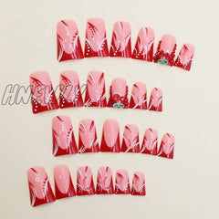 Hnewly 24Pcs French Press On Nail Duckbill Shaped False Nails With Red Rhinestone Design European