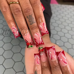 24pcs French Press on Nail Duckbill shaped False Nails with Red Rhinestone Design European Wearable Full Cover Fake nails Tips