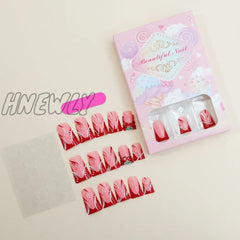 Hnewly 24Pcs French Press On Nail Duckbill Shaped False Nails With Red Rhinestone Design European