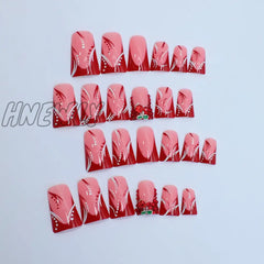 Hnewly 24Pcs French Press On Nail Duckbill Shaped False Nails With Red Rhinestone Design European