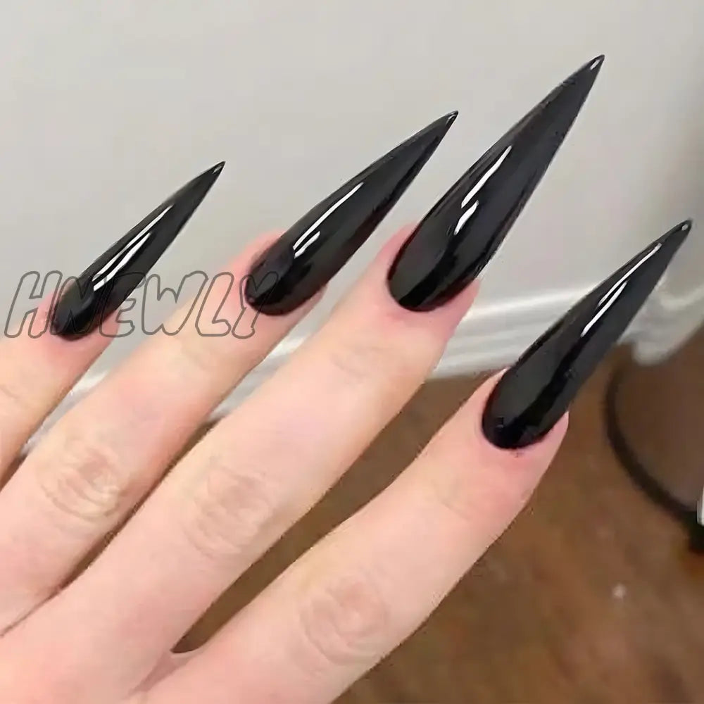 Hnewly 24Pcs Glossy Black Fake Nails Set Press On Nail Tips Solid Color Long Stiletto Removable