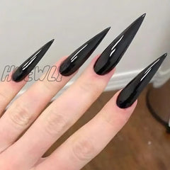 Hnewly 24Pcs Glossy Black Fake Nails Set Press On Nail Tips Solid Color Long Stiletto Removable