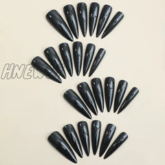 Hnewly 24Pcs Glossy Black Fake Nails Set Press On Nail Tips Solid Color Long Stiletto Removable