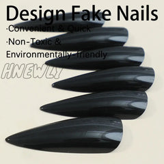 Hnewly 24Pcs Glossy Black Fake Nails Set Press On Nail Tips Solid Color Long Stiletto Removable