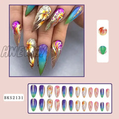 Hnewly 24Pcs Long Almond False Nails Blue French Leaf Gradient Fake Press On Diy Manicure