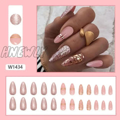 Hnewly 24Pcs Long Almond False Nails Blue French Leaf Gradient Fake Press On Diy Manicure