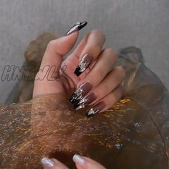Hnewly 24Pcs Long Ballet Coffin Wearable Dark Black Star French False Nails Full Cover Rhinestones