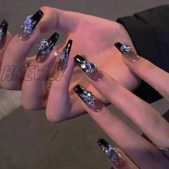 Hnewly 24Pcs Long Ballet Coffin Wearable Dark Black Star French False Nails Full Cover Rhinestones