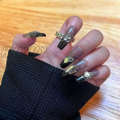 Hnewly 24Pcs Long Ballet Coffin Wearable Dark Black Star French False Nails Full Cover Rhinestones