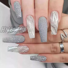 Hnewly 24Pcs Long Ballet False Nail Full Cover Fake Grey White Marble Design Nails Tip French