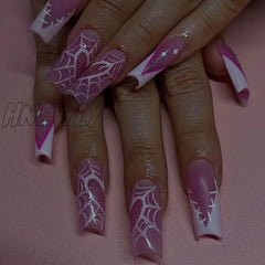 Hnewly 24Pcs Long Ballet False Nail Full Cover Fake Grey White Marble Design Nails Tip French