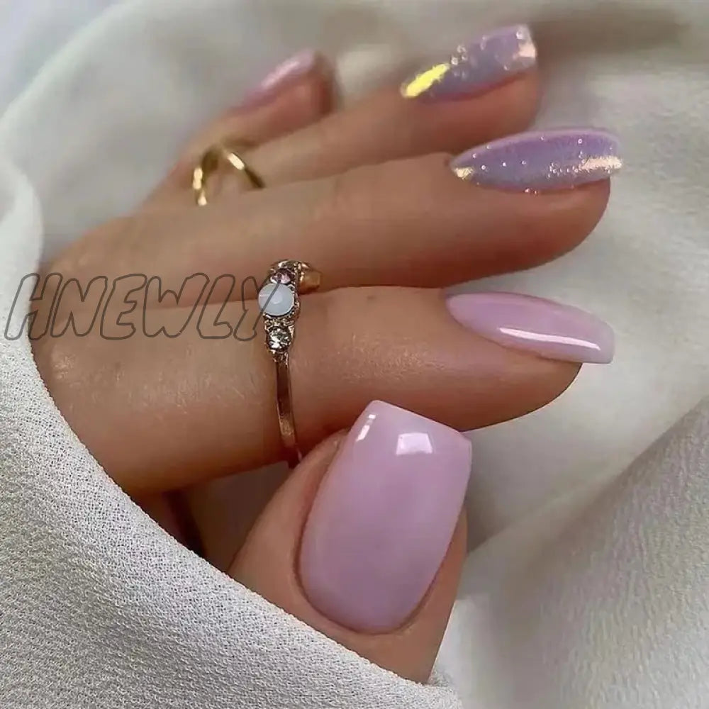 24Pcs Nail Aurora Glitter Fake Nails Short French Press On Nails Simple False Nail Tips Full Cover