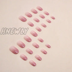 Hnewly 24Pcs Oval Shape False Nails Pink Gradient Color Fake Press On Short Round Tips Wearable