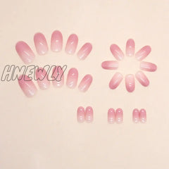 Hnewly 24Pcs Oval Shape False Nails Pink Gradient Color Fake Press On Short Round Tips Wearable