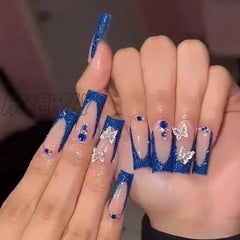 Hnewly 24Pcs Pink Long Coffin Ballet False Nails With Butterfly Rhinestones French Design Fake Full