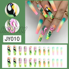 Hnewly 24Pcs/Set Fake Nails Accessories Spring Summer Brids Snake Leaf Designs Long French Coffin