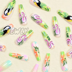 Hnewly 24Pcs/Set Fake Nails Accessories Spring Summer Brids Snake Leaf Designs Long French Coffin