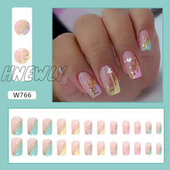 Hnewly 24Pcs/Set False Nail French Gold Leaf Rainbow Heart Fake Tips Full Cover Acrylic Nails
