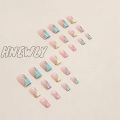 Hnewly 24Pcs/Set False Nail French Gold Leaf Rainbow Heart Fake Tips Full Cover Acrylic Nails