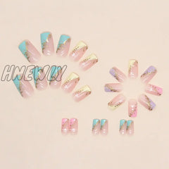 Hnewly 24Pcs/Set False Nail French Gold Leaf Rainbow Heart Fake Tips Full Cover Acrylic Nails