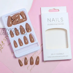 Hnewly 24Pcs/Set Nude Brown White Fake Nails For Fall Winter Season French Almond Tips Faux Ongles