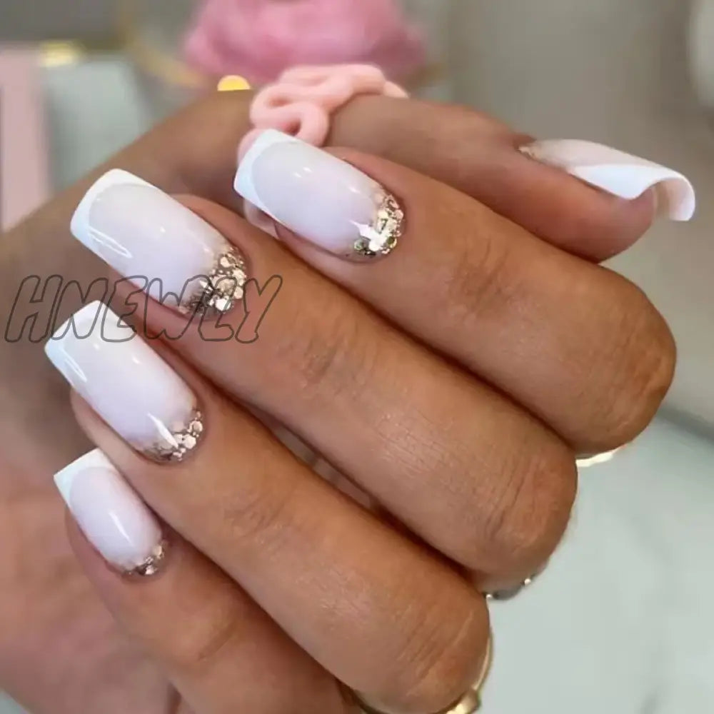Short Square Head False Nails French White Gradient Glitter Designs Fake nails Full Cover Art Press On Nails Detachable