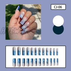 Hnewly 24Pcs Y2K Summer Sea Blue Gradient Fake Nails With Water Ripples Designs Long Square Coffin