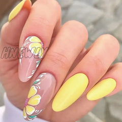 Hnewly 24Pcs Yellow Flower Almond False Nails Summer With French Design Wearable Fake Simple Full