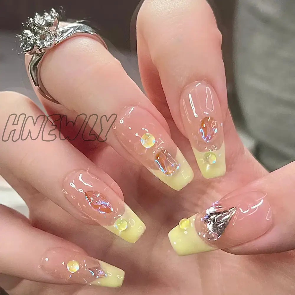 24Pcs Yellow French Fake Nails Long Coffin False With Rhinestones Detachable Ballerina Full Cover