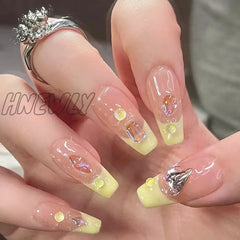 24Pcs Yellow French Fake Nails Long Coffin False With Rhinestones Detachable Ballerina Full Cover