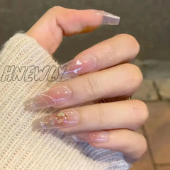 24Pcs Yellow French Fake Nails Long Coffin False With Rhinestones Detachable Ballerina Full Cover